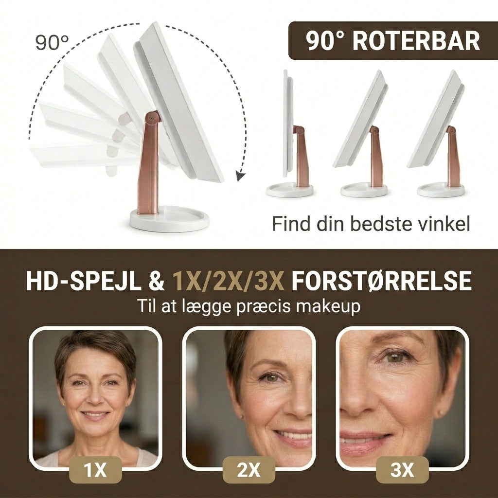 Genopladelig Makeup Spejl med LED-lys og 5x Forstørrelse
