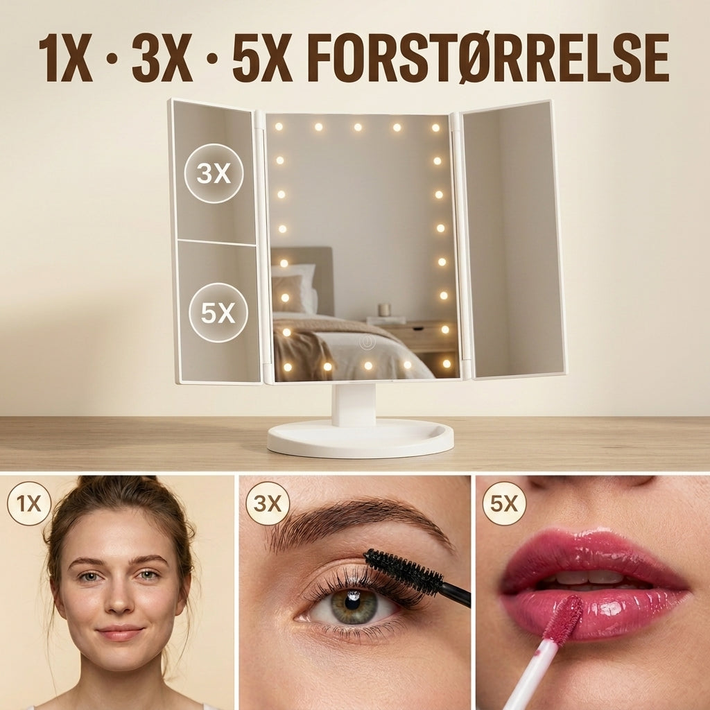 Genopladelig Makeup Spejl med LED-lys og 5x Forstørrelse