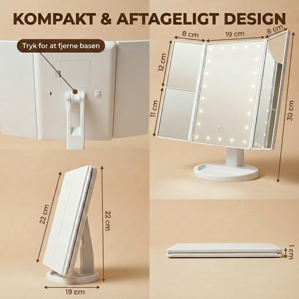 Genopladelig Makeup Spejl med LED-lys og 5x Forstørrelse