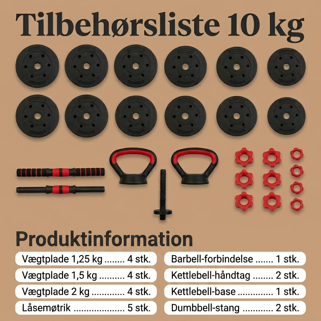 Multi-vægt Sæt 4-i-1 — Håndvægte, Kettlebell, Stang & Push-up Greb