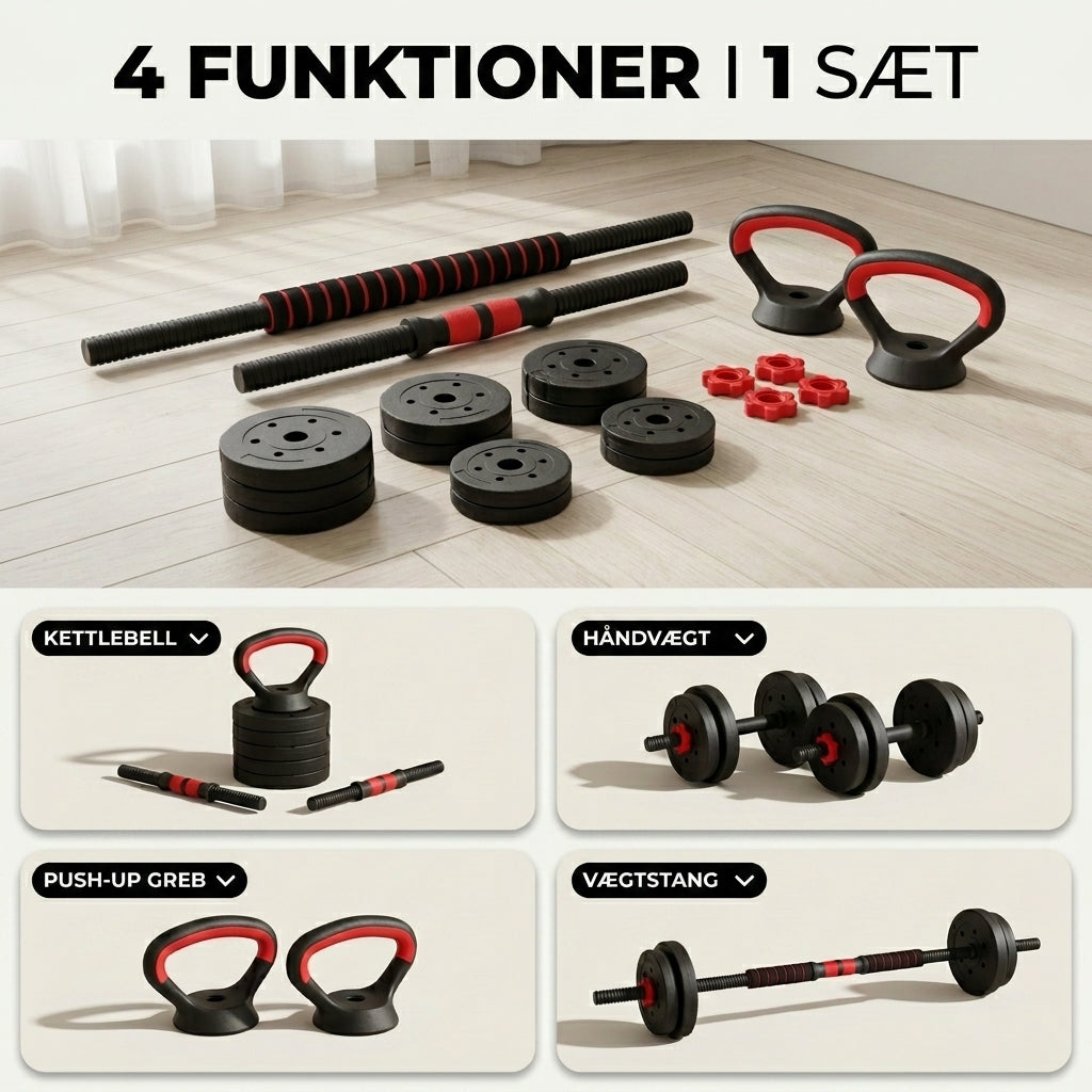 Multi-vægt Sæt 4-i-1 — Håndvægte, Kettlebell, Stang & Push-up Greb