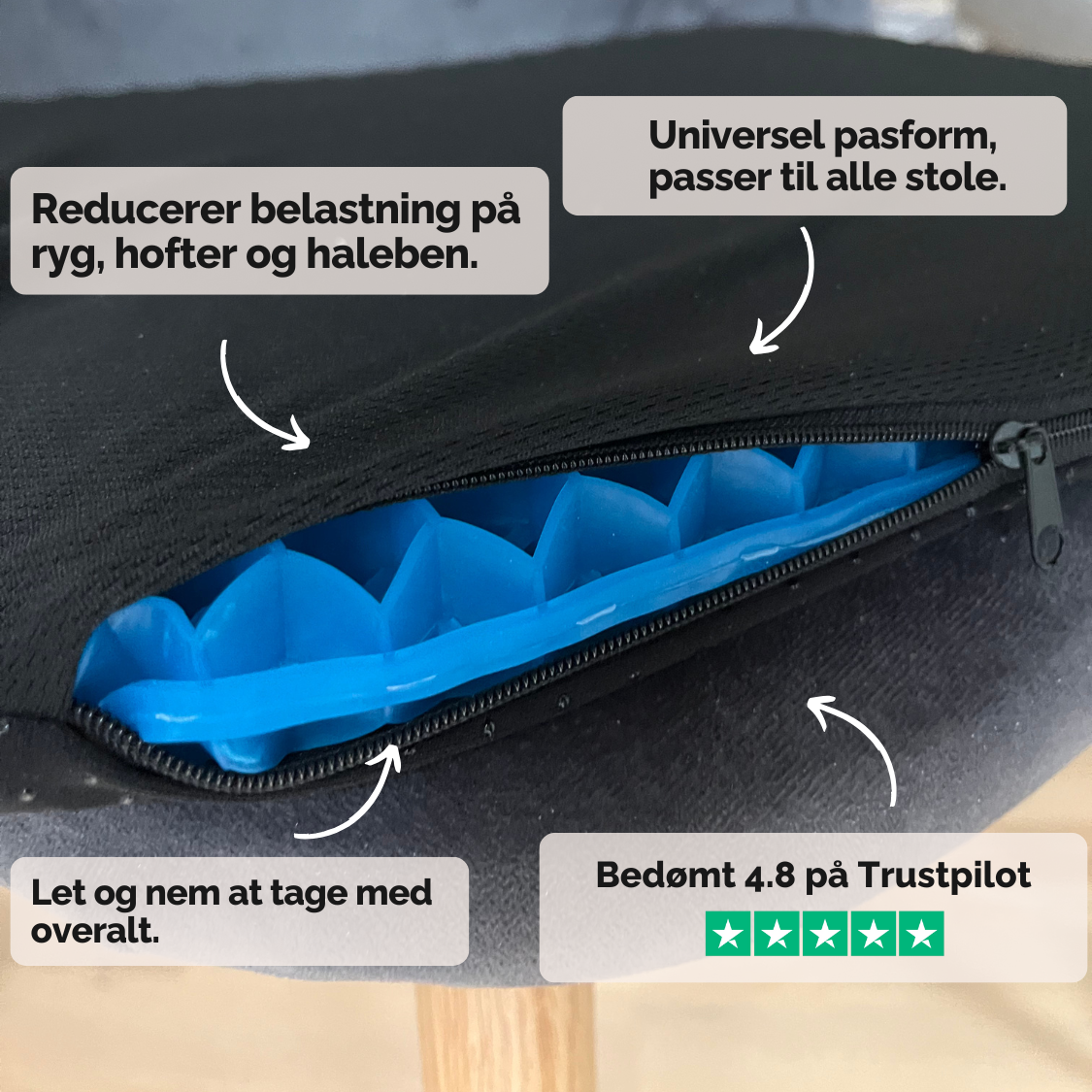 Siddepude af støddæmpende gel med bikubestruktur