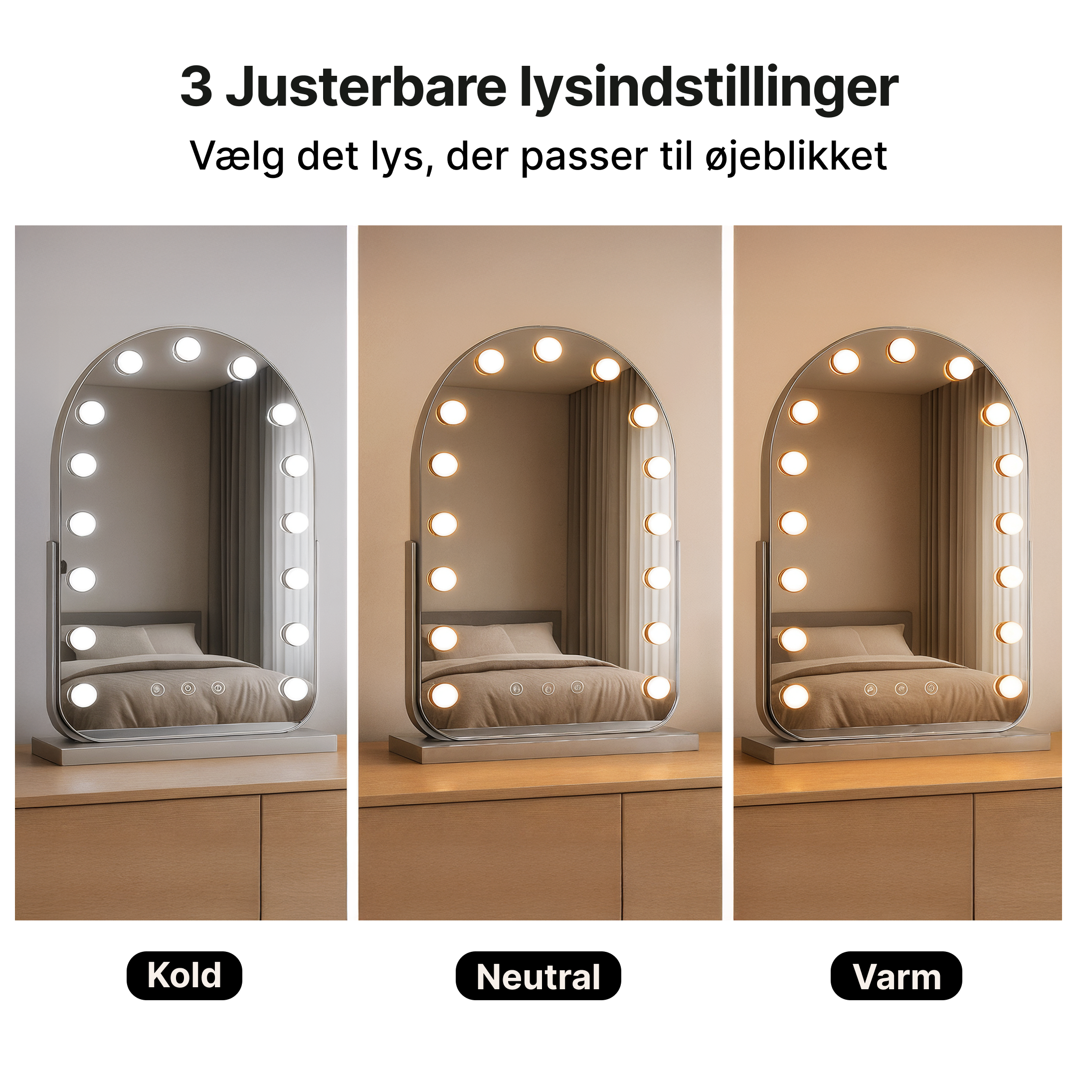 Hollywood-spejl med LED-lys