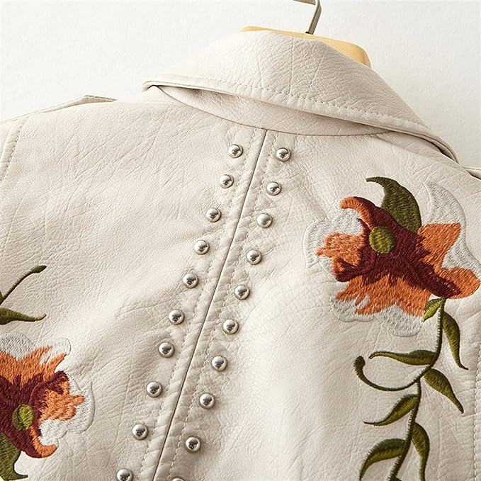 Josefine | Stilfuld Bikerjakke med Blomstret Broderi