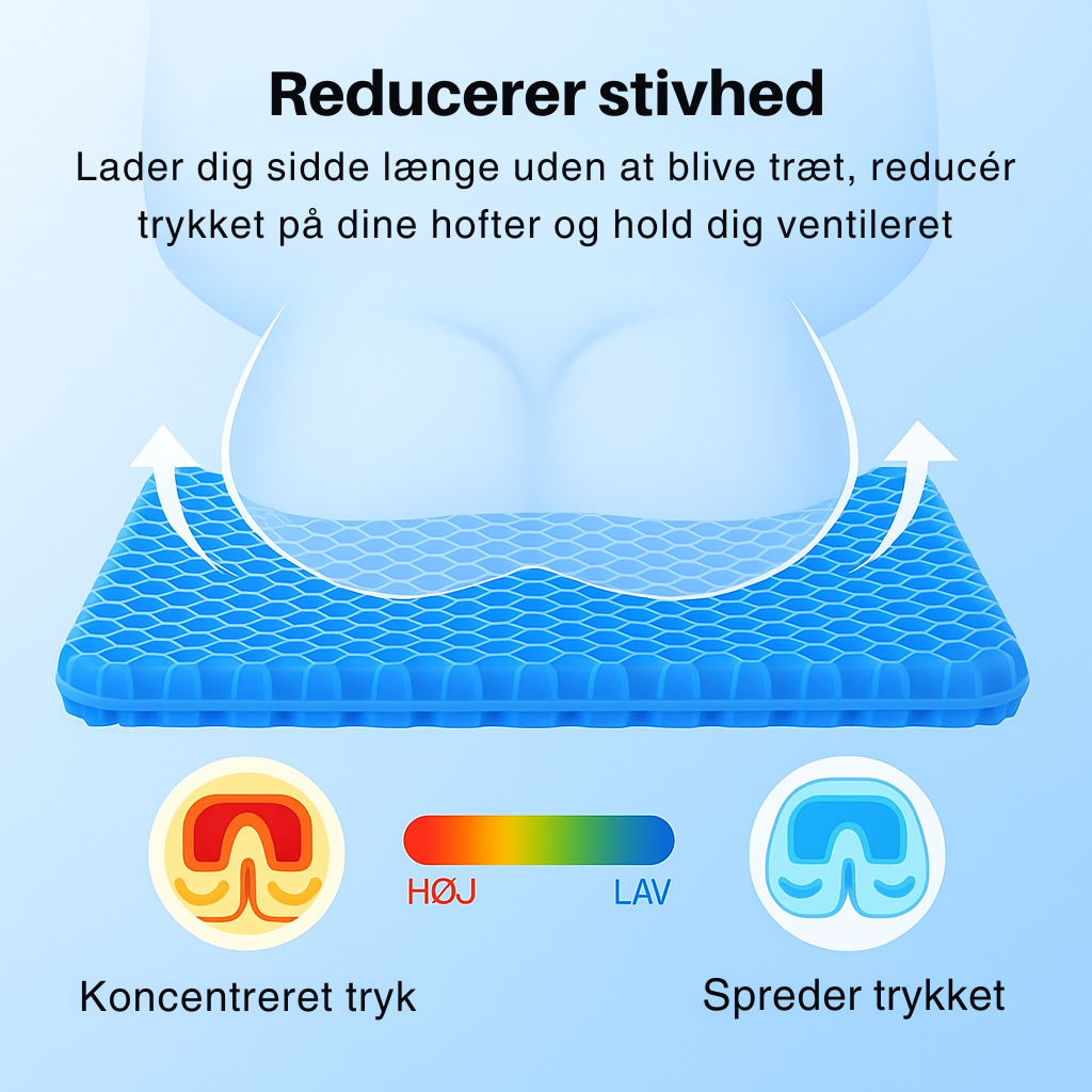 Siddepude af støddæmpende gel med bikubestruktur