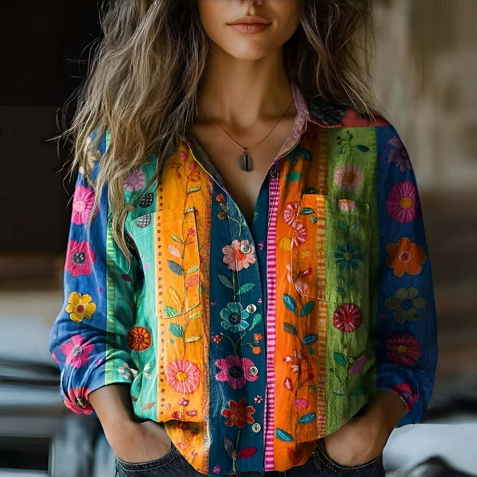 Lizette | Farverig Blomstret Broderet Skjorte
