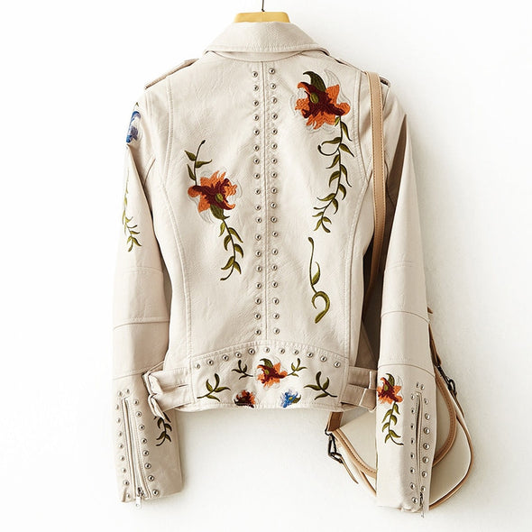 Josefine | Stilfuld Bikerjakke med Blomstret Broderi
